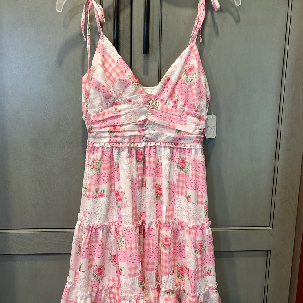 Altar’d State Pink Floral Patchwork Sundress with Tie Straps